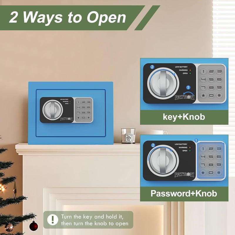 Patron small safe box with key，mini safe for money，small coin safes for home with code，little jewelry lock box for kids，Wall or Cabinet Safe for personal items，0.236 Cubic Feet Blue - Image 2